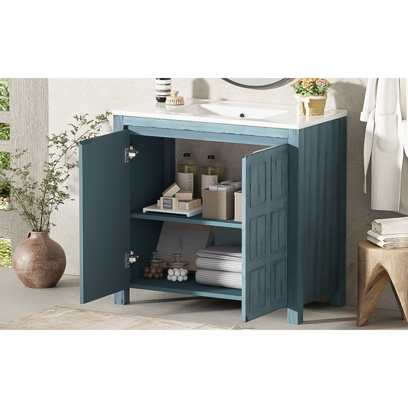 Meuble-lavabo 36 po avec lavabo en céramique, Bleu rétro