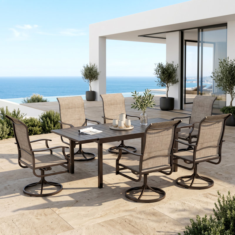 Rectangle Outdoor Patio Dining Set Expandable Heavy Duty Metal Table With Sling Chairs, 6