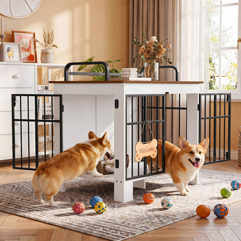 Metal Pet Crate with 2 Doors, White+Walnut