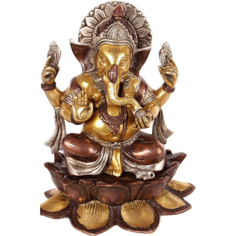 Statue 12 "Kamalasana Ganesha en laiton massif | Idole assise sur un autel pour la maison et cadeau de bonne chance