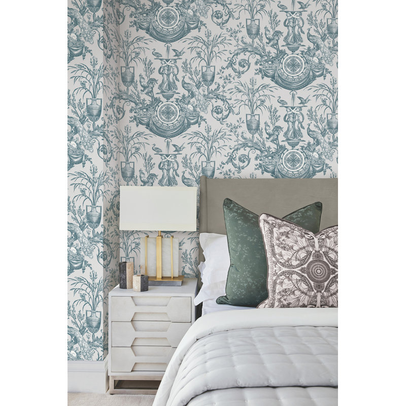 Avian Fountain Toile Wallpaper Roll, Jade
