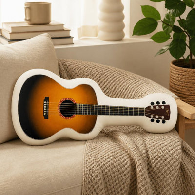 1pc Acoustic Guitar Music Instrument Vintage Rock Decor Fun Novelty 2D Flat Printing Shaped Stuffed Throw Pillow Decorative Cushion Pillow for Gift Bedroom Sofa Room Party Decor, 19.68inch