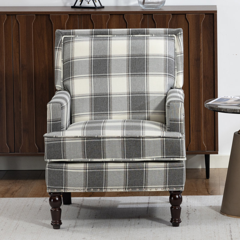 27.1'' Wide Upholstered Armchair with Solid Wood Legs, Gray Check