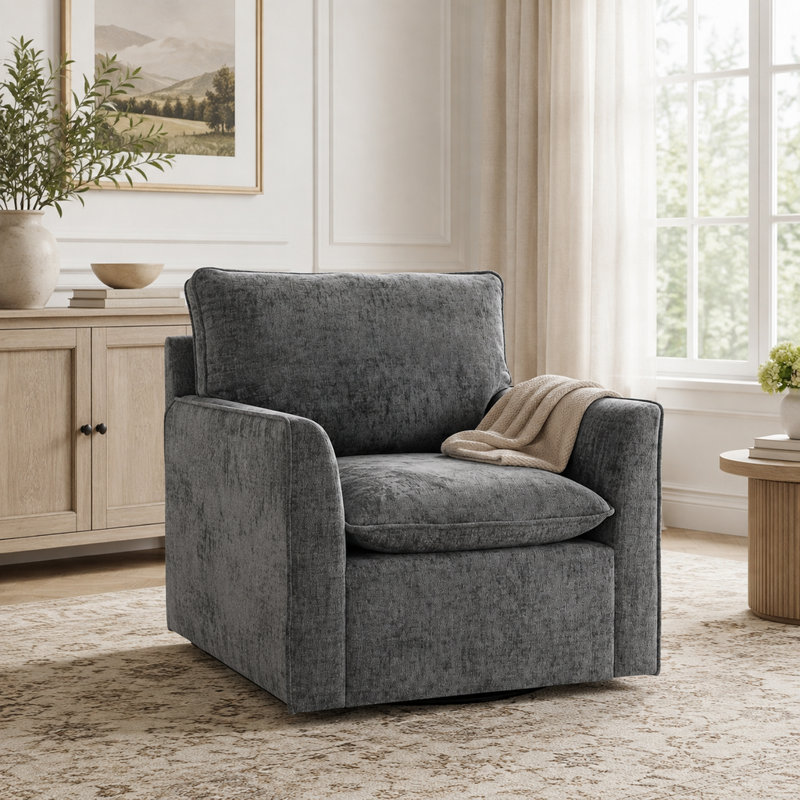 Fauteuil pivotant à 360 degrés, fauteuil club rembourré en tissu chenille gris, pour salon et chambre