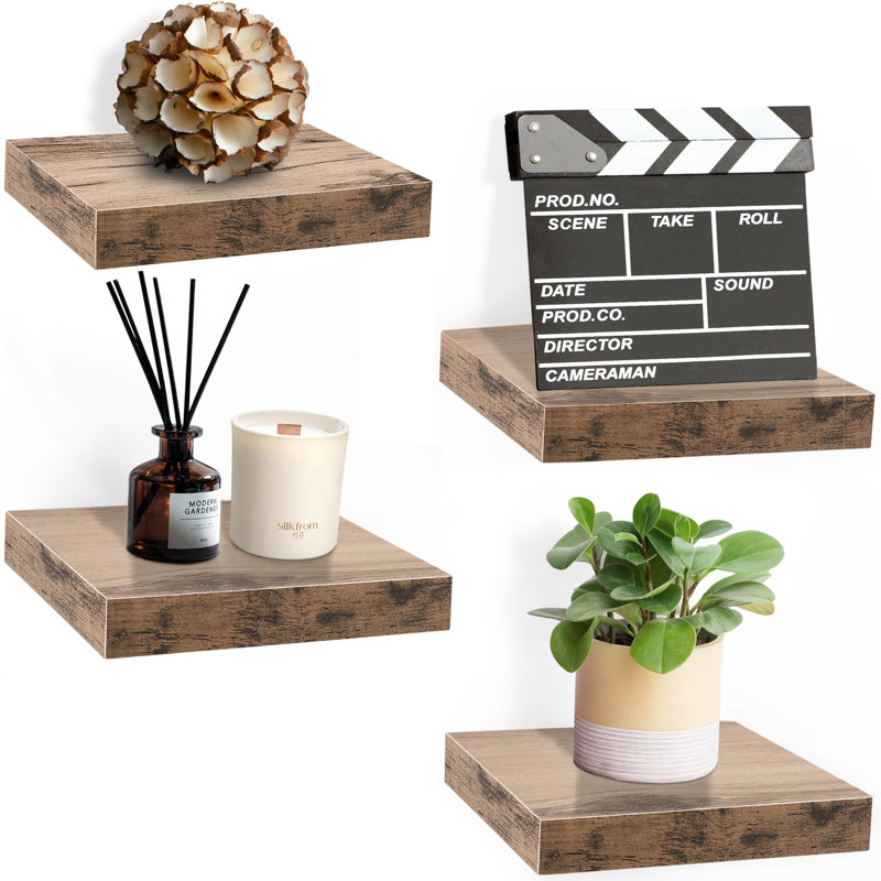 9" Square Tile Floating Shelves with Invisible Mounting Set of 4, Mahogany