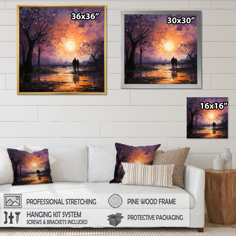 Couple romantique, paysage, chuchotements de coucher de soleil - impression, H 16 po x l 16 po x P 1 po, Cadre flottant doré