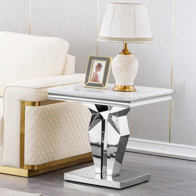 Modern Luxury Faux Marble End Table with Polished Stainless Steel Base Square White Marble Side Table Elegant Small Bedside Table for Living Room Bedroom Office