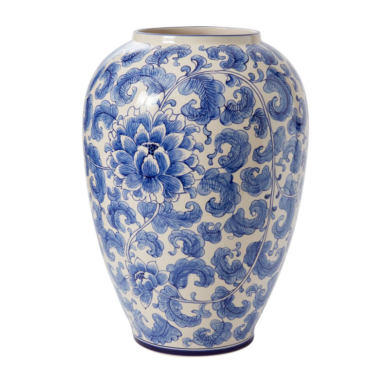 XL Blue and White Ceramic Chinoiserie Vase