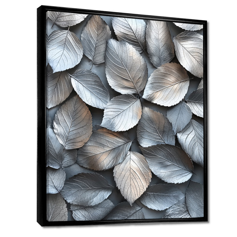 Cuivre, argent, étain, feuilles III - feuilles, art mural pour le salon, Noir, Reproduction avec cadre flottant