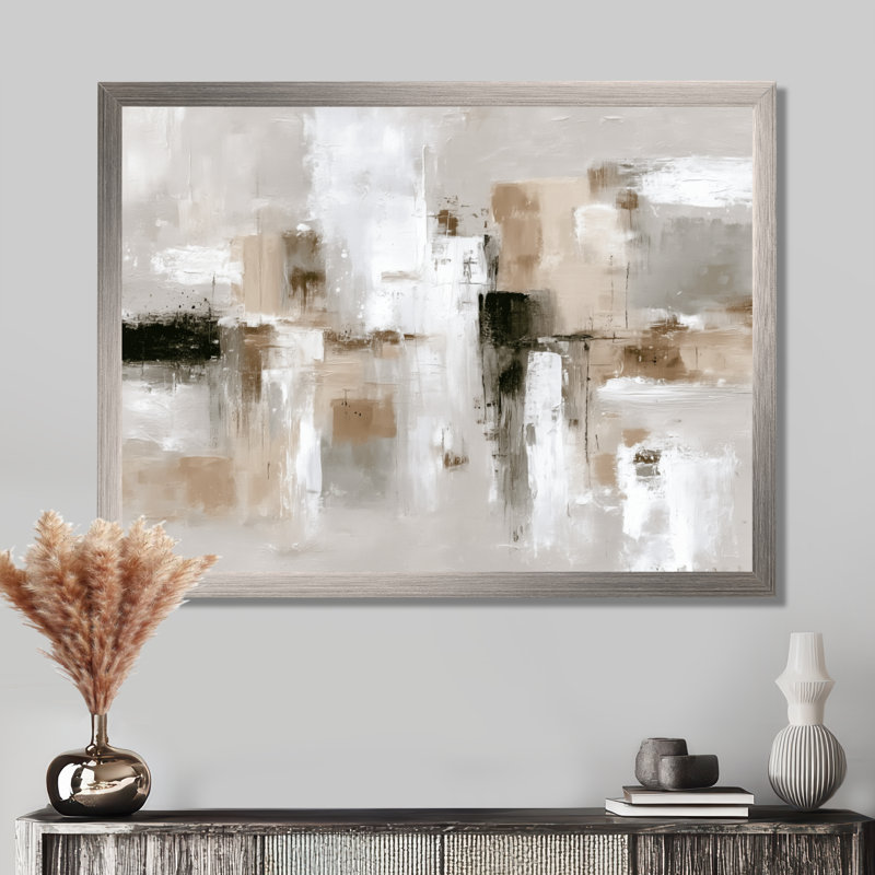 "Brown and Black Brushstroke", peinture abstraite sur toile brune, H 34 po x l 44 po, Cadre flottant, Argent argent