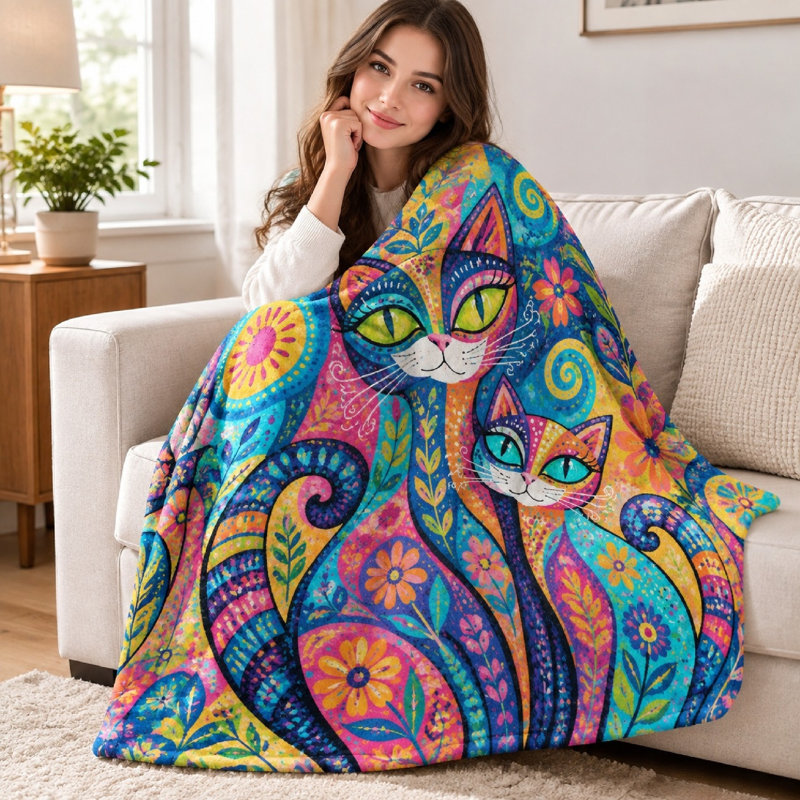 1Pcs Bohemian Cat Print Fleece Blanket – Vibrant Artistic Design;Cozy and Comfortable for Home DecorPerfect Sofa Couch UseMachine Washable Easy CareA Unique Gift LoversAdds Splash of Color to Any RoomIdeal Snuggli