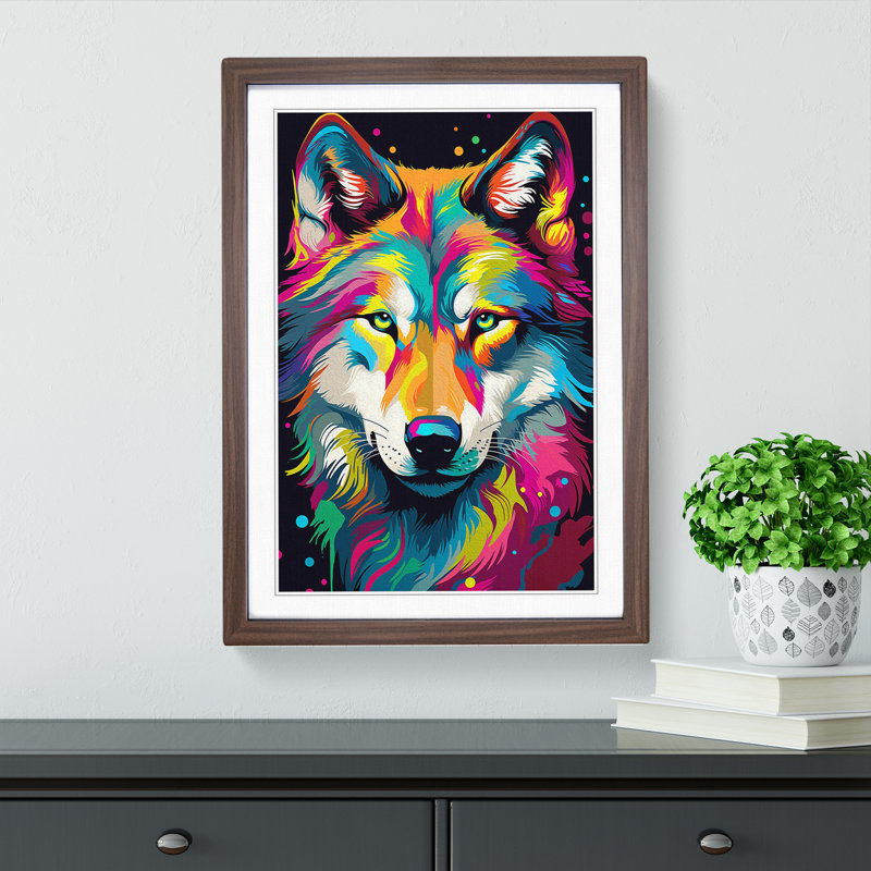 Wolf Pop - Single Picture Frame Print on Wood, 34cm H x 25cm W x 2cm D, Walnut
