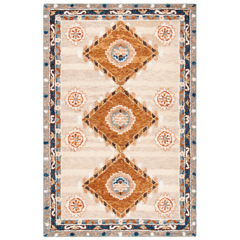 Tapis brun / bleu fabriqué à la main Arkadijus Southwestern, Rectangle 9 pi x 12 pi
