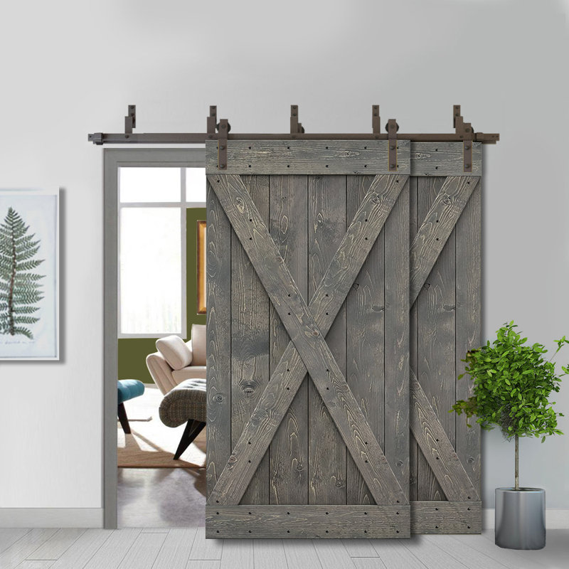 Porte de grange double à panneaux en bois teinté à panneau avec ensemble de quincaillerie coulissante, 48 po x 84 po