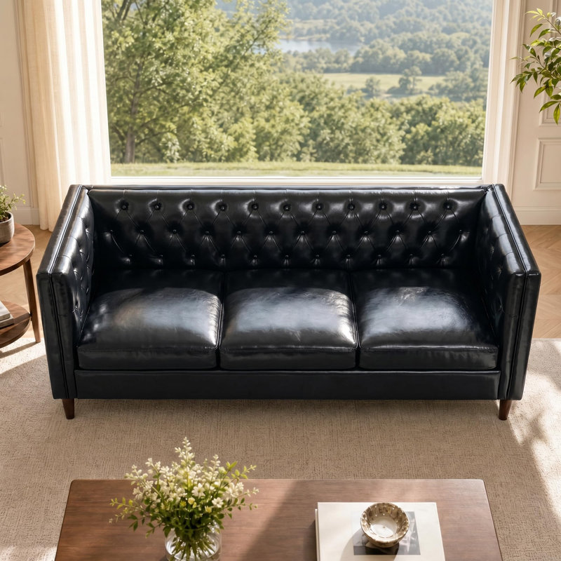 Canapé en cuir Chesterfield de 81 pouces à trois places de style Mid-Century pour les appartements et les espaces de travail