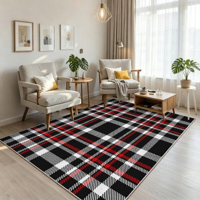 Black Machine Washable,Red and White Tartan for Plaid Indoor Area Rug