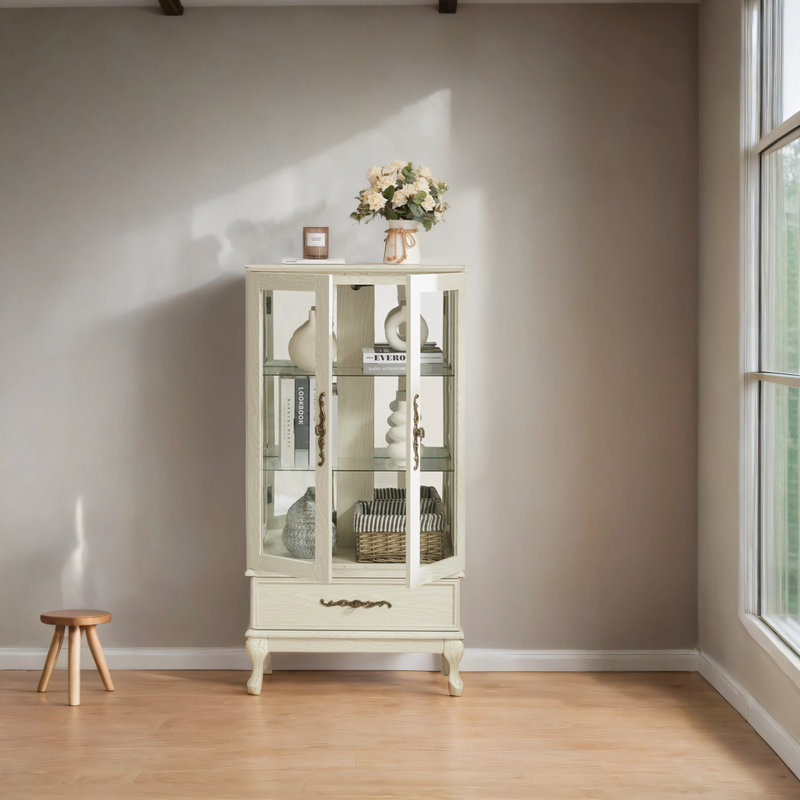 Curio Cabinet Lighted Glass Cabinet Glass Wine Cabinet Curio Display Cabinet with Adjustable Glass Shelves 2 Doors and 1 drawer Cabinet Sideboard With Bulb Included Dark Cherry