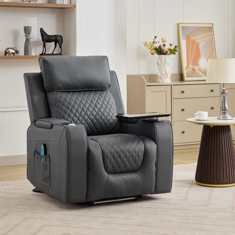 Byron 86cm Wide Faux Leather Lift Assist Standard Recliner with Massager, Grey