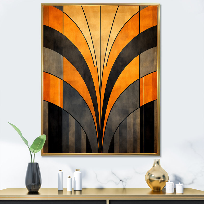 Vecteurs orange et gris - formes abstraites, art mural, H 40 po x l 30 po x P 1,5 po, Cadre flottant doré