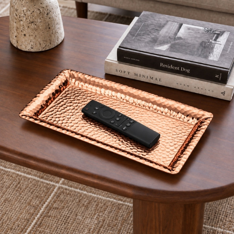 Hand Hammered Metal Decorative Vanity Serving Tray, 16" W x 8" D x 1.75" H, Copper