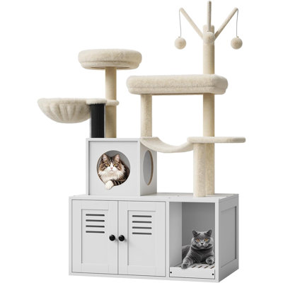 Litter Box Enclosure with Cat Tree Tower and Condo, Hidden Cat Washroom Furniture with Sisal Scratching Post & Soft Plush Perch, Wooden Cat Furniture