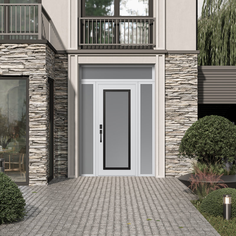 Panneau d'entrée noir en acier blanc / blanc avec 2 panneaux latéraux et porte d'entrée avant suspendue, Gelé, Oui