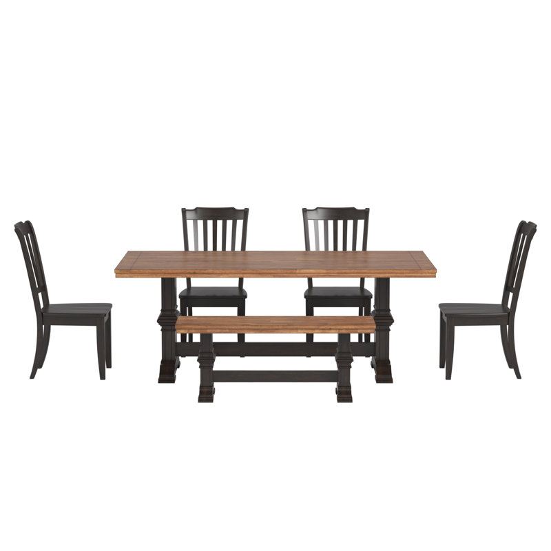 Sloan 78" Solid Wood Oak Finish Top Dining Set With Spindle Back Chairs - 6-Piece, Antique Black Base Table, Chairs And Bench