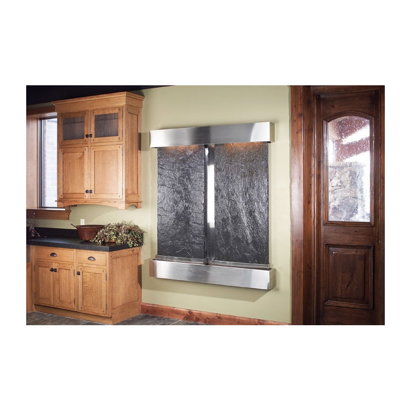 Cottonwood Falls Fountain with Light, Stainless Steel, Green Slate, Square