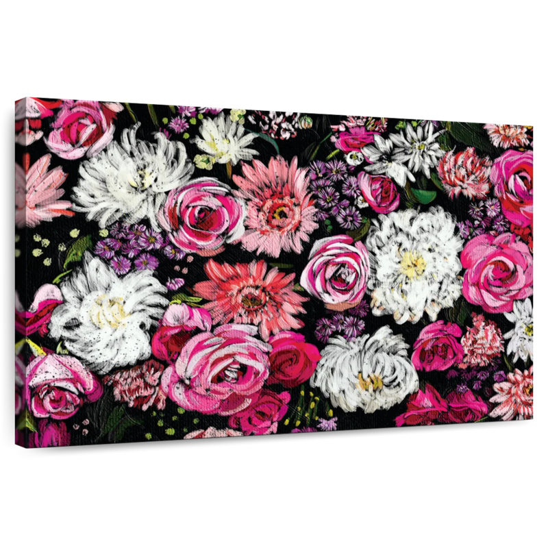 Bouquet Harnek rose et mauve sur fond noir, H 32 po x l 48 po