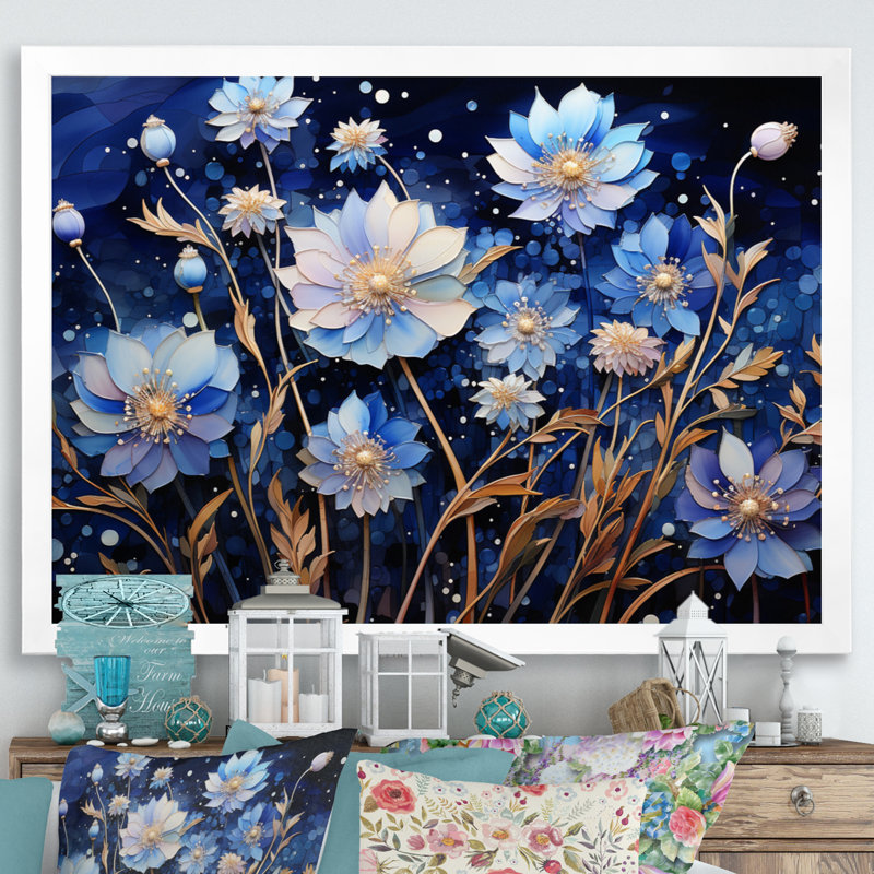 Blue Charm Cornflowers Pointillism II, reproduction d'art sur toile, Cadre photo blanc, H 16 po x l 32 po x P 1 po