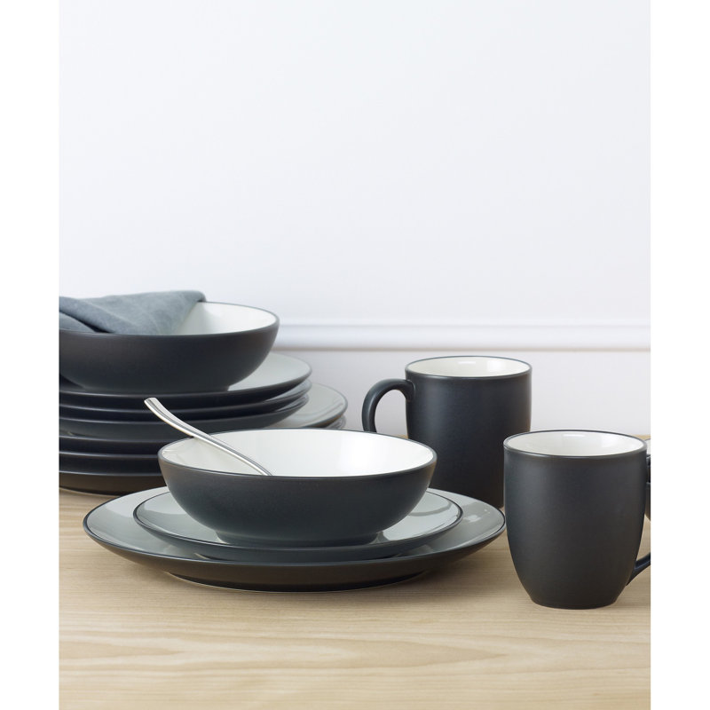 Matte Black and White Ceramic 4-Piece Dinnerware Set