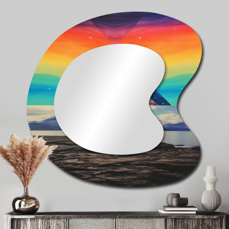 Rabat marchant vers la sagesse sacrée de la montagne - miroir décoratif de forme unique de yoga, miroir mural asymétrique traditionnel, impression d'art en métal