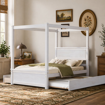 Lit à baldaquin avec lit gigogne et deux tiroirs, lit plateforme avec lattes de soutien pour une chambre à coucher confortable et fonctionnelle