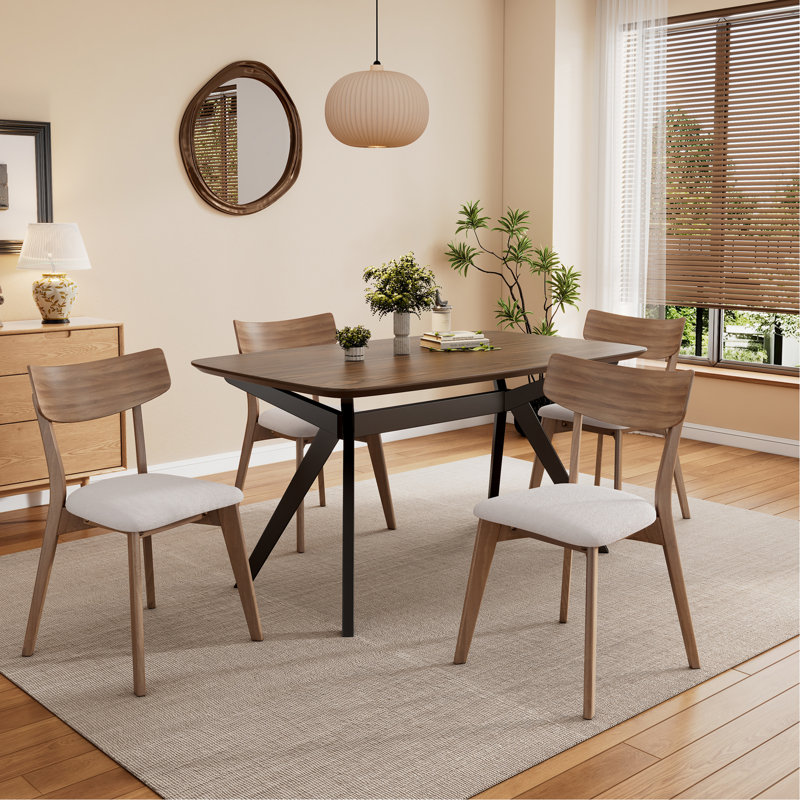 5-Pieces Upholstered Dining Set With Rubberwood Frame, 5 Pieces: Table, 4 Chairs