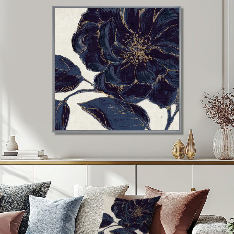 «Rose», art floral sur toile, doré doré foncé, H 36 po x l 36 po, Encadrement argenté