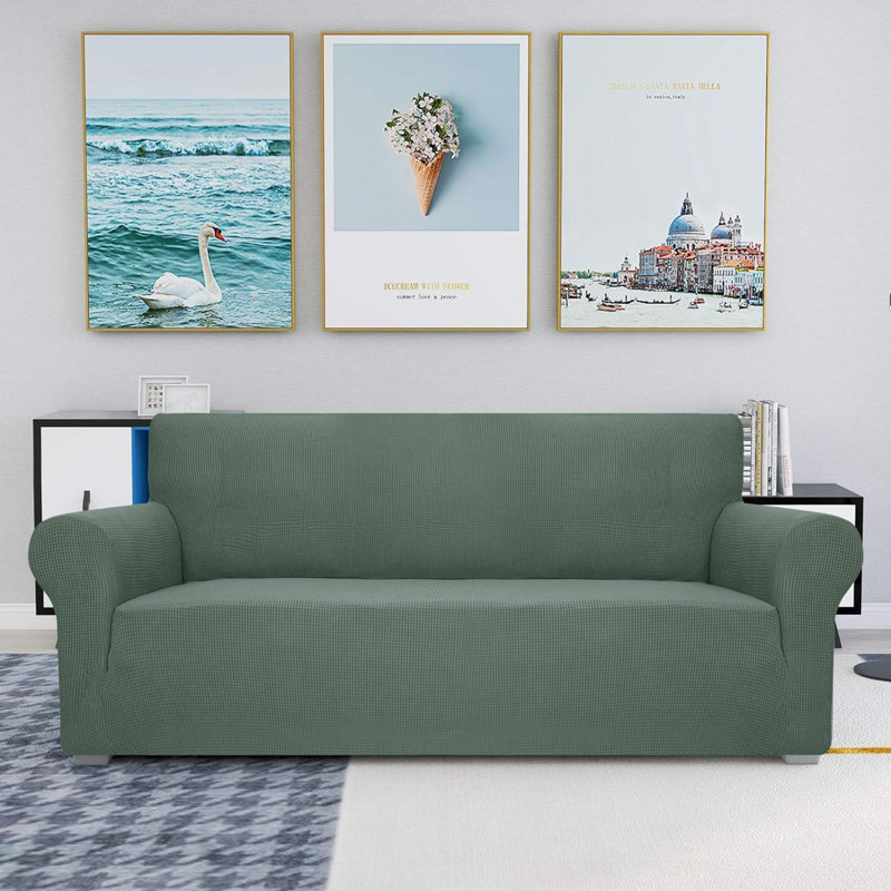 Housse pour canapé à coussins en T, H 41 po x l 91 po x P 42 po, Tissu vert pois
