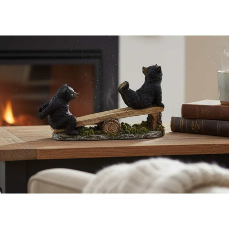 Bear Seesaw Playful Woodland Polyresin Decorative Figurine Accent