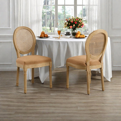 Furniture,French Style Solid Wood Frame Antique Painting Linen Fabric Rattan Back Dining Chair,Set Of 2