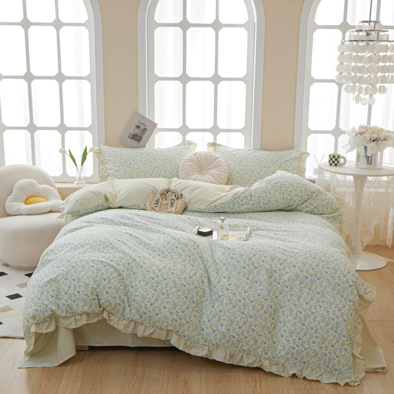 Ensemble de housse de couette en coton multicolore à volants, Housse de couette pour très grand lit et 2 taies 