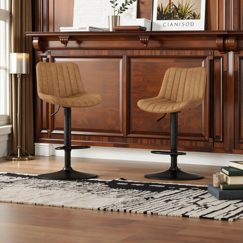 Ensemble de 2 tabourets de bar pivotants réglables en cuir synthétique à hauteur de comptoir avec dossier pour îlot de cuisine et salle à manger, brun riche