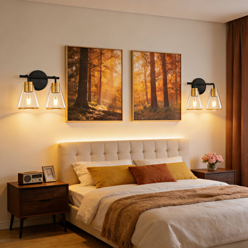 Luminaire de salle de bain moderne à 4 lumières or noir - intensité variable avec abat-jour en verre conique, Or noir