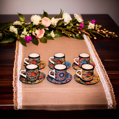 Espresso Cup And Saucer Set Handcrafted Turkish Set Of 6 Ceramic Cups - Vibrant Design - Elegant Gift For Coffee Lovers -home Or Office Use