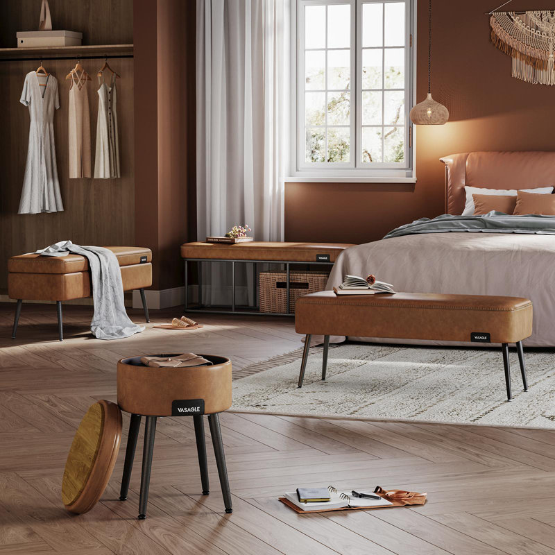 Banc de rangement en cuir, Standard, Brun caramel