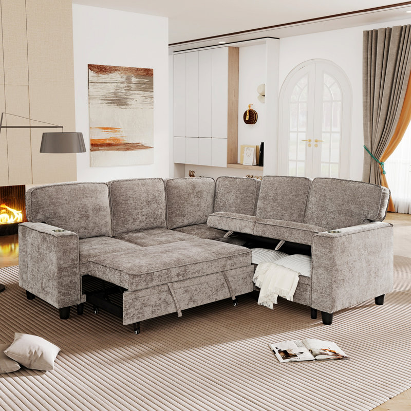 Canapé modulaire en L avec lit escamotable, ports USB et rangement intégré, Marron clair