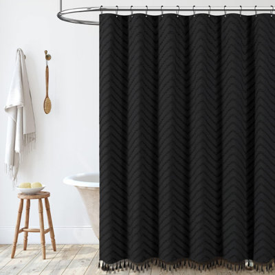 Boho Farmhouse Shower Curtain With Tufted Chevron Stripes - Water Repellent Textured Fabric Bathroom Curtain Set With Hooks - Minimalist Ruffled Design For Modern Decor