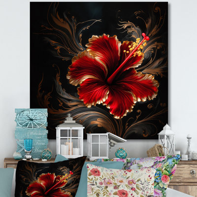 " Red Gorgeous Gilded Hibiscus On Black I "