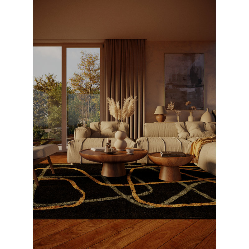 Marba Abstract Machine Made Hand Loomed Chnille/Polyester Area Rug in Black/Gold/Green, Rectangle 3' x 5'