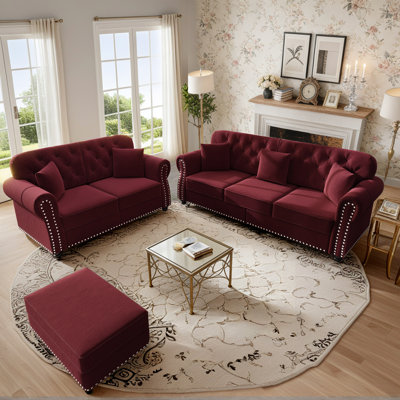 Mid-Century 3 - Piece Living Room Set, Velvet Sofa Set With Loveseat And Ottoman