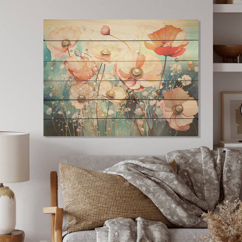 Vibrant Floral Oasis Field I - Flower Wood Wall Art On Natural Pine Wood, 30" H x 40" W