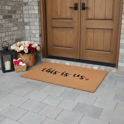 36" X 72" Brown And Natural Heart This is Us Outdoor Coir Door Mat